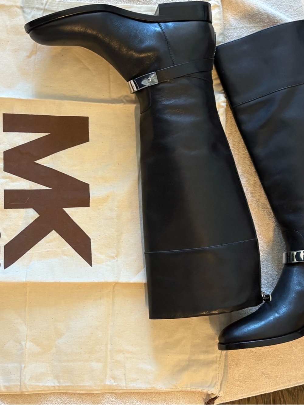 NWOT Michael Kors Black Leather Tall Boots with Silver Accent - Picture 2 of 3